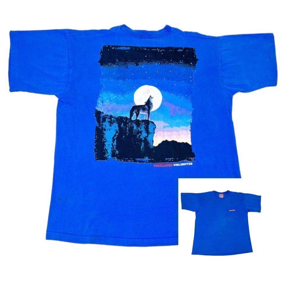 Vintage 90s Marlboro Unlimited T-Shirt One Size Blue Pocket Tee Single Stitch
